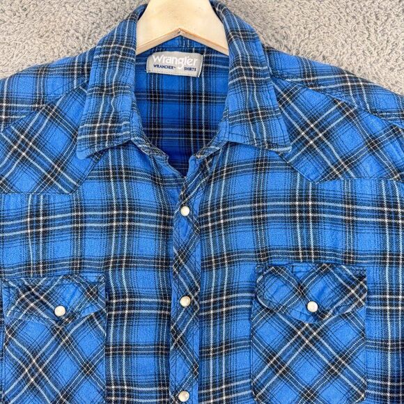 Wrangler Shirt Mens Large Blue Plaid Flannel Wrancher Western Pearl Snap Cowboy - Picture 2 of 13